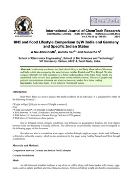 BMI and Food Lifestyle Comparison B/W India and Germany and Specific Indian States a Sai Abhishikth1, Asmita Sen2* and Suneetha V2