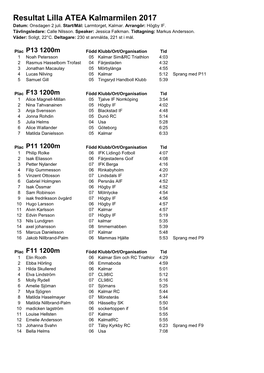 Resultat Lilla ATEA Kalmarmilen 2017 Datum: Onsdagen 2 Juli