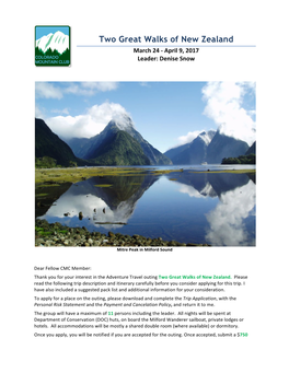 Two Great Walks of New Zealand March 24 - April 9, 2017 Leader: Denise Snow