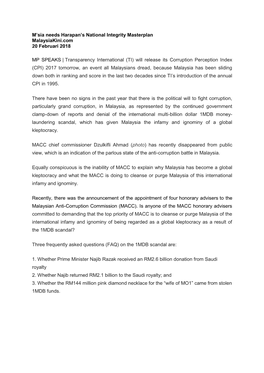 M'sia Needs Harapan's National Integrity Masterplan Malaysiakini.Com 20 Februari 2018 MP SPEAKS | Transparency International