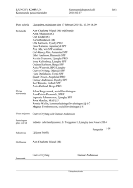 LJUNGBY KOMMUN Sammanträdesprotokoll 1(6) Kommunala Pensionärsrådet 2014-02-17