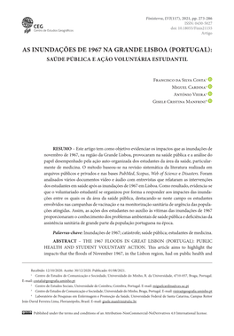 As Inundações De 1967 Na Grande Lisboa (Portugal): Saúde Pública E Ação Voluntária Estudantil