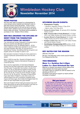 Wimbledon Hockey Club Newsletter November 2014