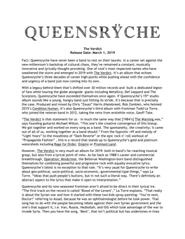 The Verdict Release Date: March 1, 2019 Fact: Queensryche Have Never Been a Band to Rest on Their Laurels. in a Career Set Again