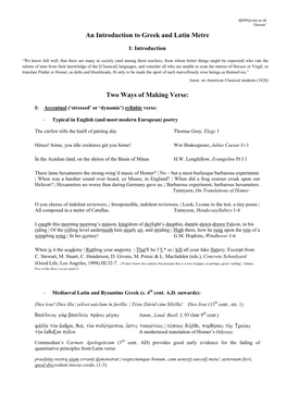 An Introduction to Greek and Latin Metre Two Ways of Making Verse