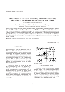 Three Species of the Genus Mythimna (Lepidoptera: Noctuidae, Hadeninae) New for the Fauna of Serbia and Montenegro