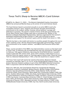 Texas Tech's Sharp to Receive WBCA's Carol Eckman Award 2002
