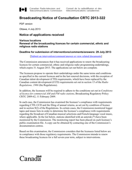 Broadcasting Notice of Consultation CRTC 2013-322