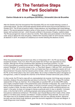 The Tentative Steps of the Parti Socialiste Pascal Delwit Centre D’Étude De La Vie Politique (CEVIPOL), Université Libre De Bruxelles