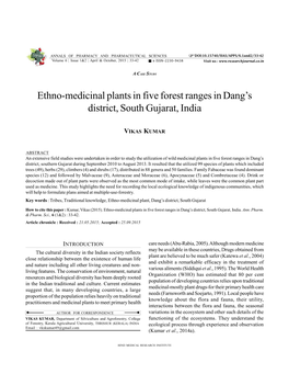 Ethno-Medicinal Plants in Five Forest Ranges in Dang's District, South Gujarat, India