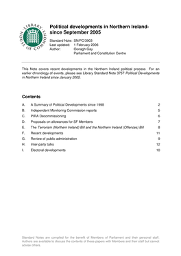 Political Developments in Northern Ireland- Since September 2005