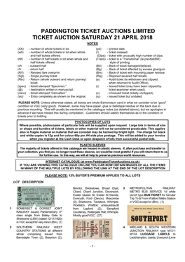 Paddington Ticket Auctions Limited Ticket Auction Saturday 21 April 2018