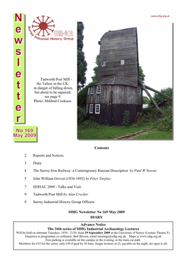 SIHG Newsletter No 169 May 2009 DIARY Advance Notice the 34Th Series of SIHG Industrial Archaeology Lectures Tadworth Post Mill
