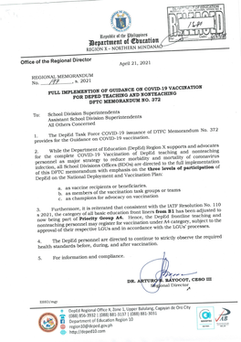 RM 177 Full Implementation of Guidance on COVID-19 Vaccination for Deped Teaching and Non-Teaching DFTC Memorandum No. 372.Pdf