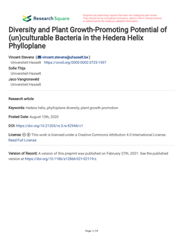 Culturable Bacteria in the Hedera Helix Phylloplane