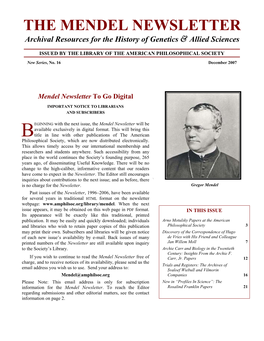 THE MENDEL NEWSLETTER Archival Resources for the History of Genetics & Allied Sciences