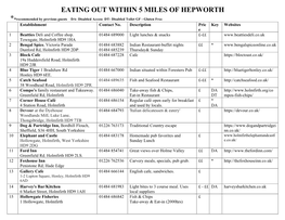 EATING out WITHIN 5 MILES of HEPWORTH *-Recommended by Previous Guests DA- Disabled Access DT- Disabled Toilet GF - Gluten Free Establishment Contact No