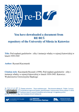 Elity I Instancje Władzy W Rejencji Katowickiej W Latach 1939-1945