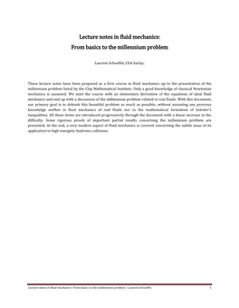 Lecture Notes in Fluid Mechanics: from Basics to the Millennium Problem
