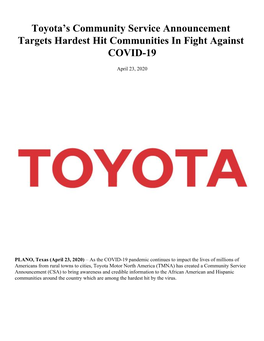 Toyota's Community Service Announcement Targets Hardest Hit Communities in Fight Against COVID-19