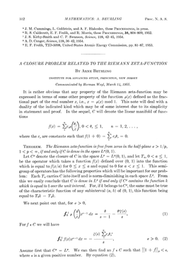 A Closure Problem Related to the Riem Ann Zeta-Function