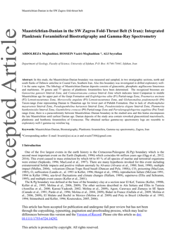 Maastrichtian-Danian in the SW Zagros Fold-Thrust Belt (S Iran): Integrated Planktonic Foraminiferal Biostratigraphy and Gamma-Ray Spectrometry