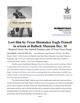 Lost Film by Texas Filmmaker Eagle Pennell to Screen at Bullock Museum Dec