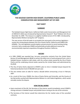 The Soledad Canyon High Desert, California Public Lands Conservation and Management Act of 2009