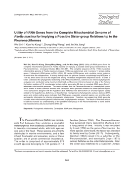 Utility of Trna Genes from the Complete Mitochondrial Genome of Psetta Maxima for Implying a Possible Sister-Group Relationship