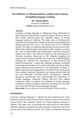 The Influence of Albanian History, Politics and Economy on English Language Teaching Dr