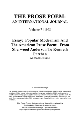 Essay: Popular Modernism and the American Prose Poem: from Sherwood Anderson to Kenneth Patchen Michael Delville