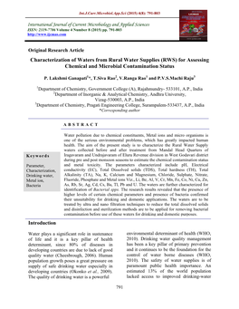 Characterization of Waters from Rural Water Supplies (RWS) for Assessing Chemical and Microbial Contamination Status