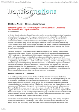 2012 Issue No. 22 — Hyperaesthetic Culture Sensory Regimes in TV Marketing: Boardwalk Empire’S Chromatic Enhancement and Digital Aesthetics by Enrica Picarelli