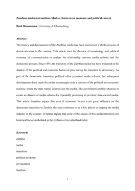 Zambian Media in Transition: Media Reforms in an Economic and Political Context Basil Hamusokwe, University of Johannesburg Abst