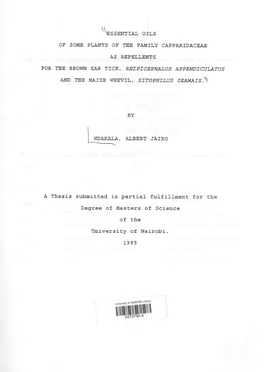 Of Some Plants of the Family Capparidaceae As Repellents and the Maize Weevil, Sitophilus Zeamais by Ndakala, Albert Jairo A