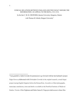 JUDICIAL RELATIONS BETWEEN ENGLAND and the PAPACY BEFORE the REFORMATION: an APPEAL to the ROTA, 1511-1514 by the Late C