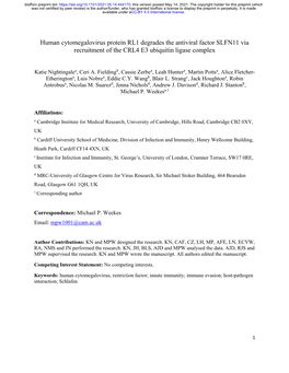 Human Cytomegalovirus Protein RL1 Degrades the Antiviral Factor SLFN11 Via Recruitment of the CRL4 E3 Ubiquitin Ligase Complex