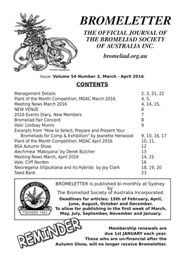 Bromeletter the Official Journal of the Bromeliad Society of Australia Inc