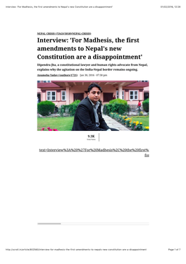 Interview: 'For Madhesis, the First Amendments to Nepal's New Constitution Are a Disappointment' 01/02/2016, 12:28