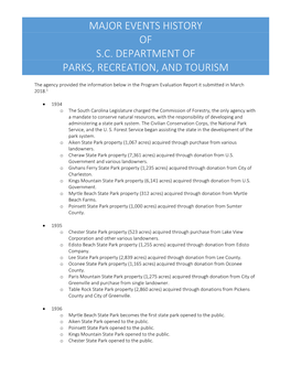 Major Events History of S.C. Department of Parks, Recreation, and Tourism