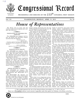 Congressional Record United States Th of America PROCEEDINGS and DEBATES of the 113 CONGRESS, FIRST SESSION