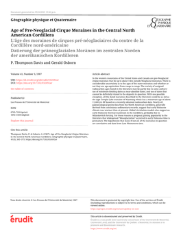 Age of Pre-Neoglacial Cirque Moraines in the Central North