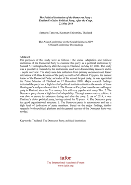 The Political Institution of the Democrat Party : Thailand’S Oldest Political Party, After the Coup, 22 May 2014