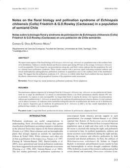 Notes on the Floral Biology and Pollination Syndrome of Echinopsis Chiloensis (Colla) Friedrich & G.D.Rowley (Cactaceae) in a Population of Semiarid Chile