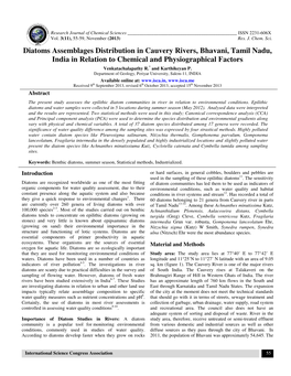 Diatoms Assemblages Distribution in Cauvery Rivers, Bhavani, Tamil Nadu, India in Relation to Chemical and Physiographical Factors