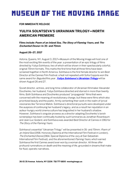 Yuliya Solntseva's Ukrainian Trilogy—North American