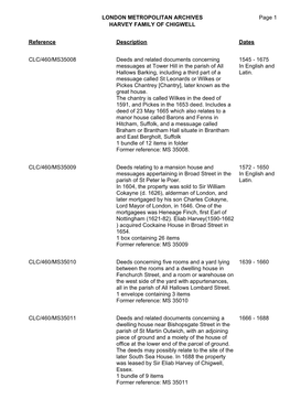 London Metropolitan Archives Harvey Family Of