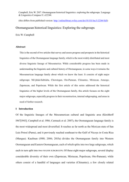 Otomanguean Historical Linguistics: Exploring the Subgroups