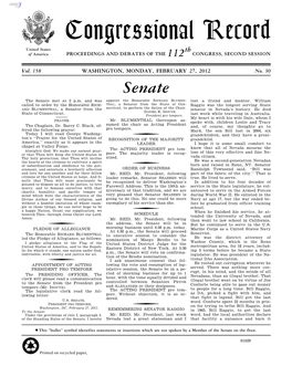 Congressional Record United States Th of America PROCEEDINGS and DEBATES of the 112 CONGRESS, SECOND SESSION