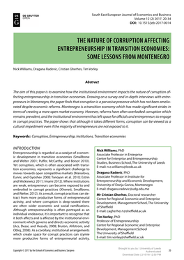 The Nature of Corruption Affecting Entrepreneurship in Transition Economies: Some Lessons from Montenegro